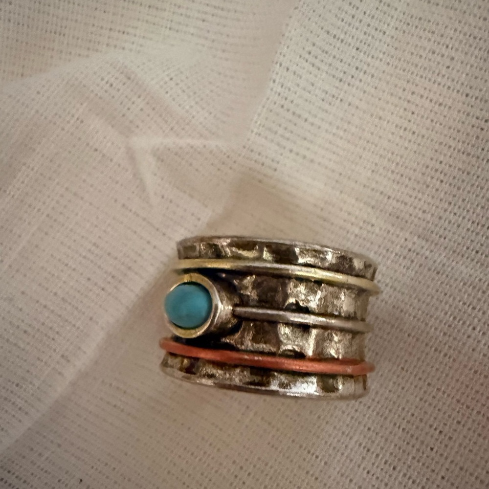 Hammered look Silver Ring with Turquoise and copper colored  Accents